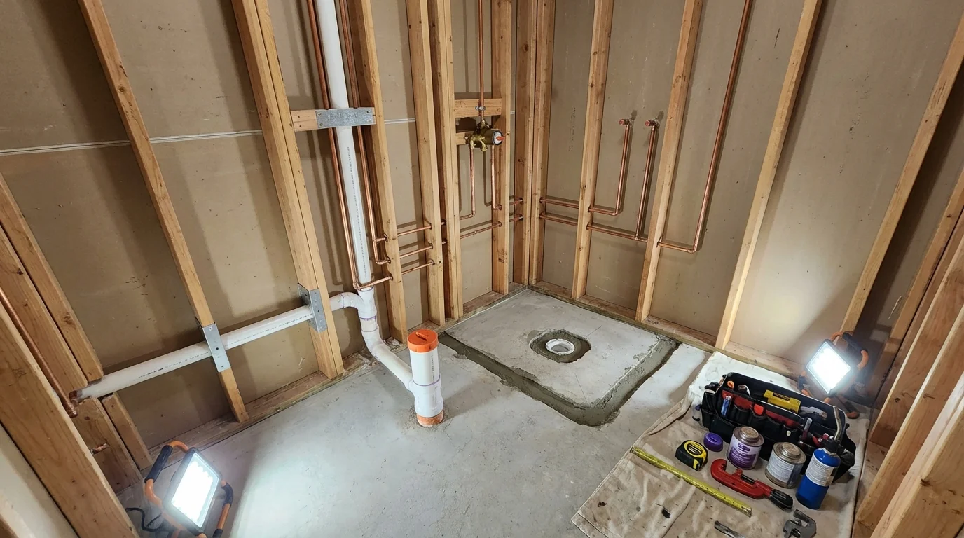 Bathroom rough-in plumbing during remodel by Johns Plumbing LLC in Pierre Part