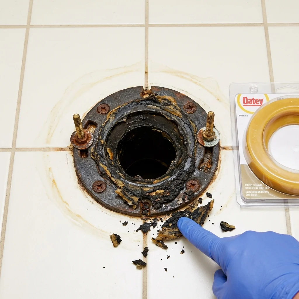 Failed wax ring showing water seepage at the base of a toilet in a Pierre Part, LA home