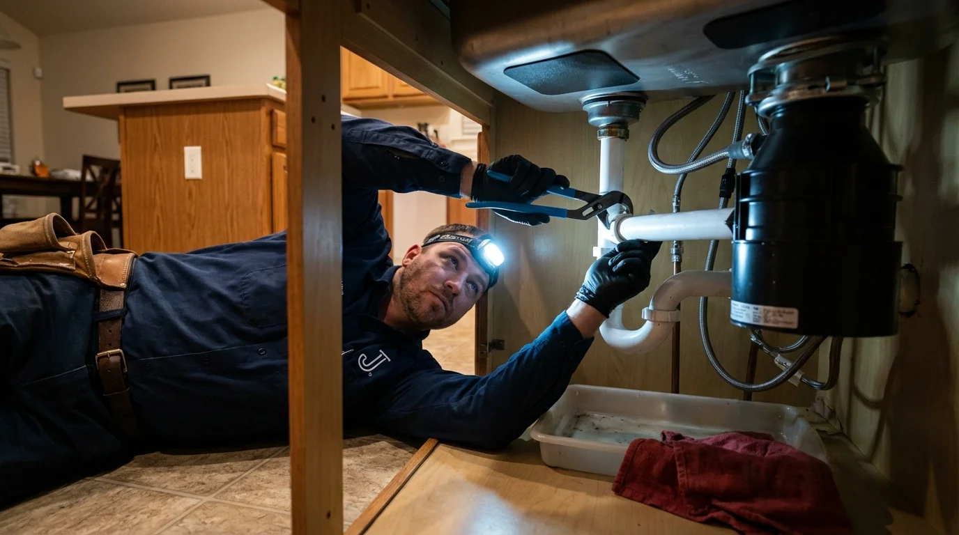P-trap and supply line connections under a kitchen sink showing a common leak point in Pierre Part, LA